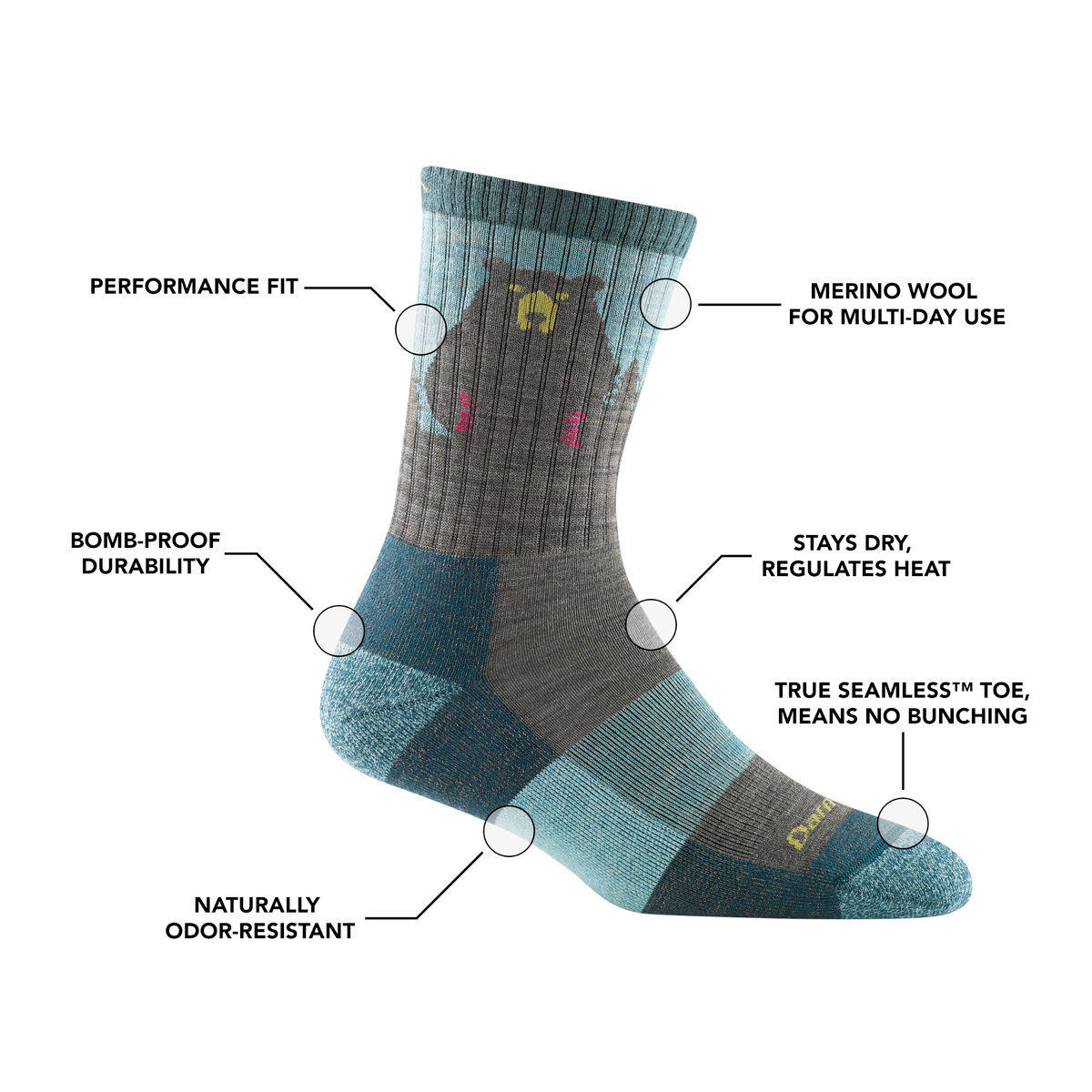 Darn Tough Bear Town Micro Crew Lightweight calze da trekking con imbottitura, Dark Teal
