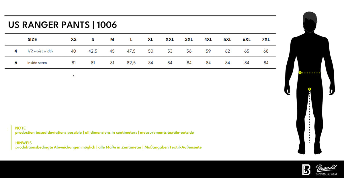 Veľkostná tabuľka US Ranger Pants