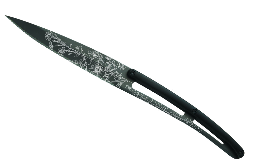 Deejo set di 6 coltelli da bistecca lama nera in titanio lama seghettata manico nero abs design Blossom
