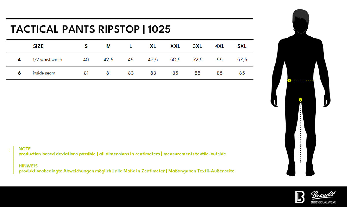 Veľkostná tabuľka Tactical Pants Ripstop