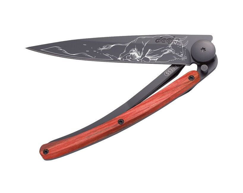 Deejo Tattoo coltello da chiusura, nero faggio rosso toro