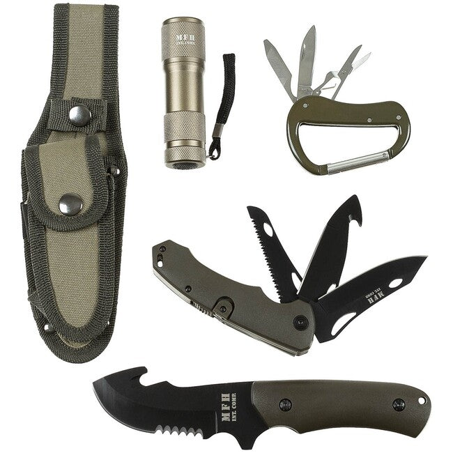 MFH Set di coltelli con fodero, verde od, manico in plastica