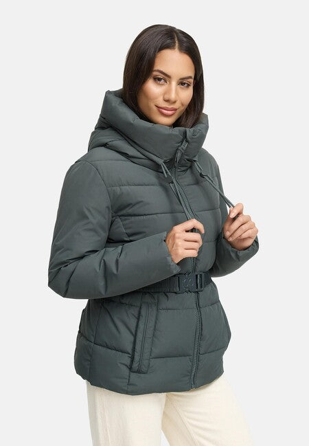 Marikoo Himee 16 giacca invernale da donna con collo alto e cintura, stone green