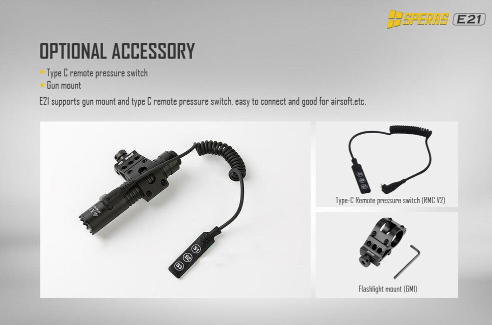 Speras Tactical Rechargeable Flashlight E21 EDC 2000LM, Black