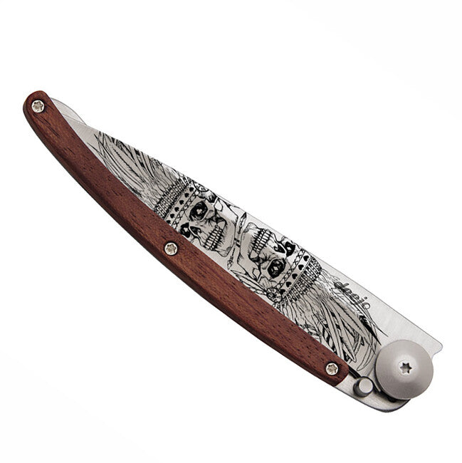 Deejo Tattoo teschio indiano coltello di chiusura legno di corallo