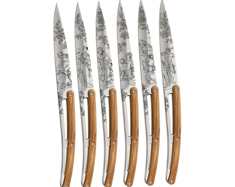 Deejo Tattoo set di 6 coltelli da bistecca finitura lucida legno d'oliva Toile de Jouy