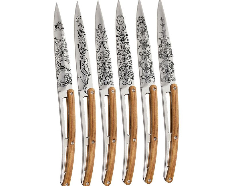 Deejo Tattoo set di 6 coltelli da bistecca finitura lucida legno d'oliva Grand Siecle