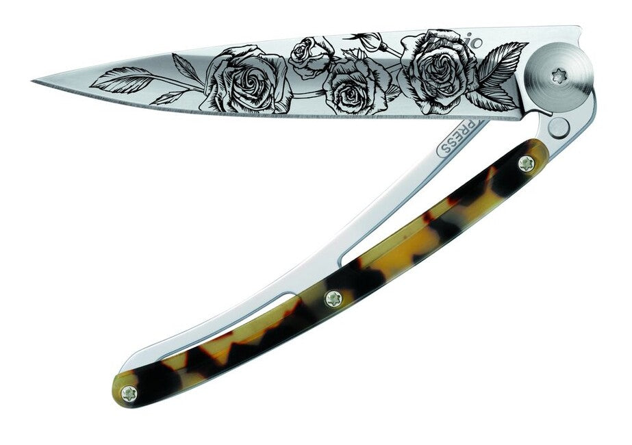 Deejo Tattoo coltello di chiusura specchio tartaruga scuro Rose