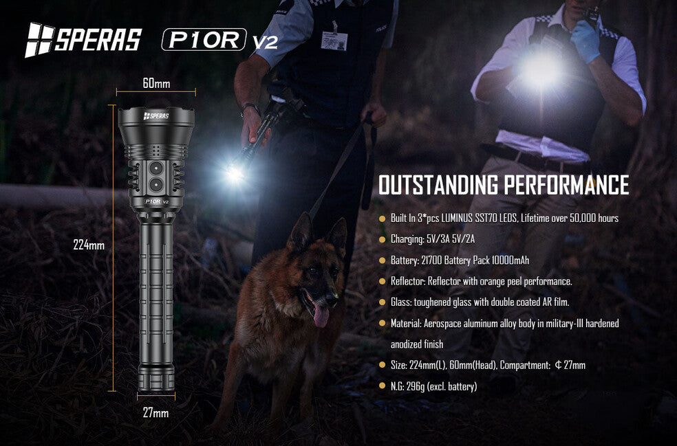 Speras P10R V2 Επαναφορτιζόμενος Φακός LED 10000LM