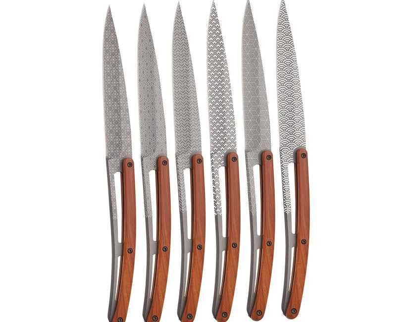 Deejo Tattoo set di 6 coltelli da bistecca finitura opaca design in legno di corallo geometry