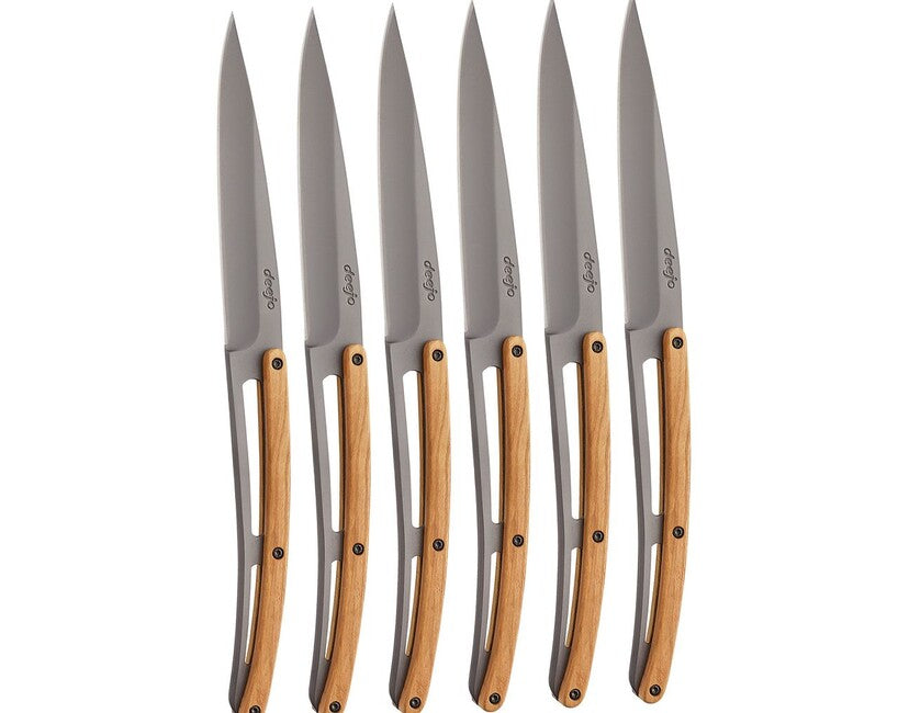 Deejo Tavolo set di 6 coltelli, grigio titanio legno d'ulivo