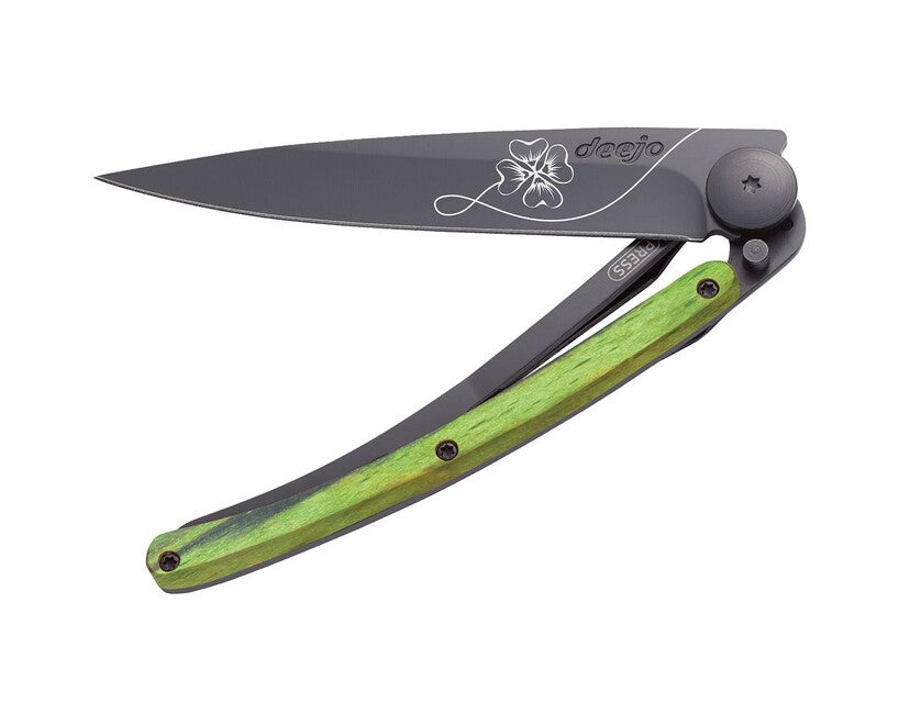 Deejo Tattoo coltello pieghevole Nero faggio verde Lucky Charm
