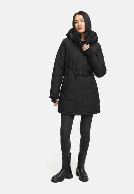 Navahoo Frostkuss 14 giacca invernale da donna con cappuccio rimovibile e cintura, nera