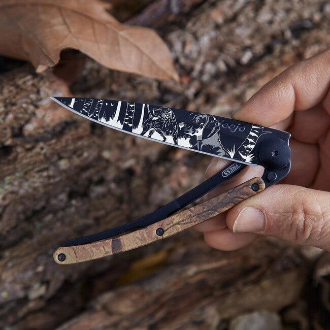 Deejo Tattoo coltello di chiusura , nero marrone camo Huntig Day