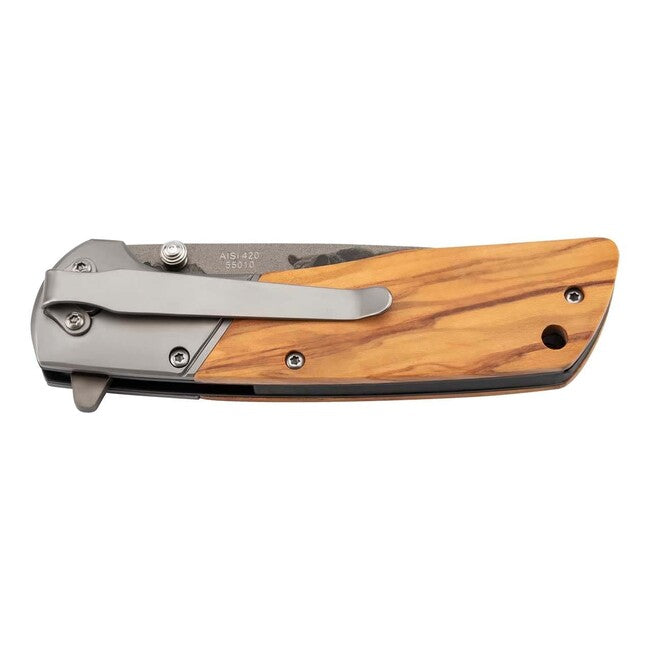 Herbertz Coltello a una mano 9 cm, legno d'ulivo, motivo a orso sulla lama