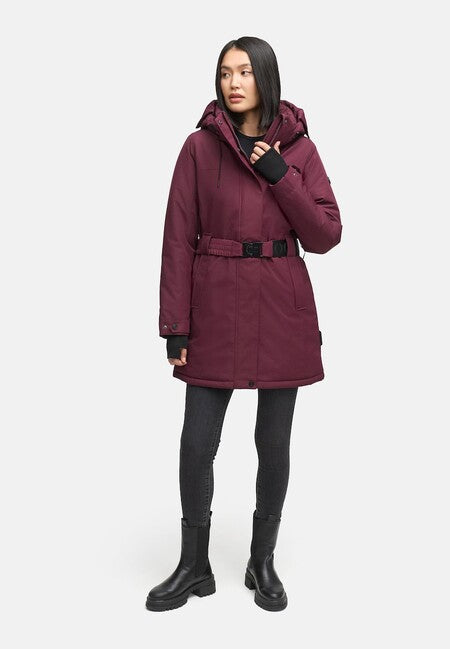 Navahoo Frostkuss 14 parka invernale da donna con cappuccio removibile e cintura, wine