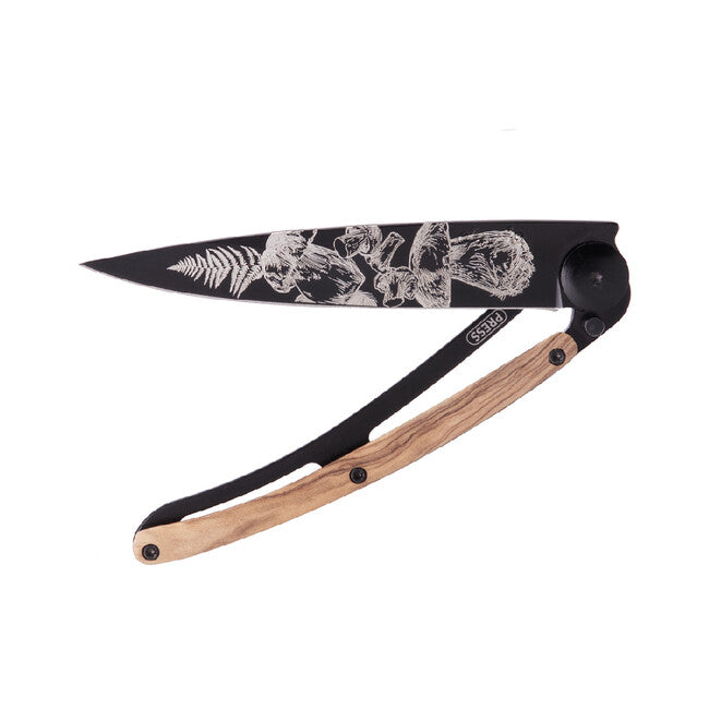 Deejo Tattoo Coltello pieghevole Legno d'oliva nero Fungo