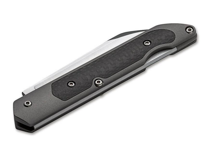 Böker Plus Genios coltello tascabile con fodero in pelle 7,7 cm, grigio