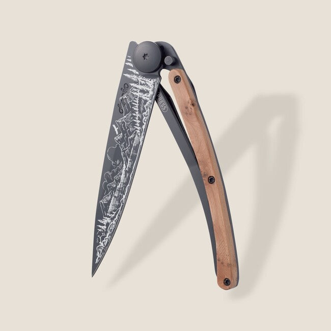 Deejo Tattoo coltello di chiusura legno di ginepro nero montagna
