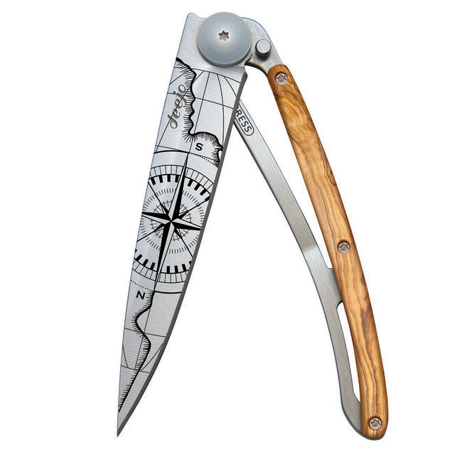 Deejo Tattoo coltello da chiusura in legno d'ulivo Terra incognita