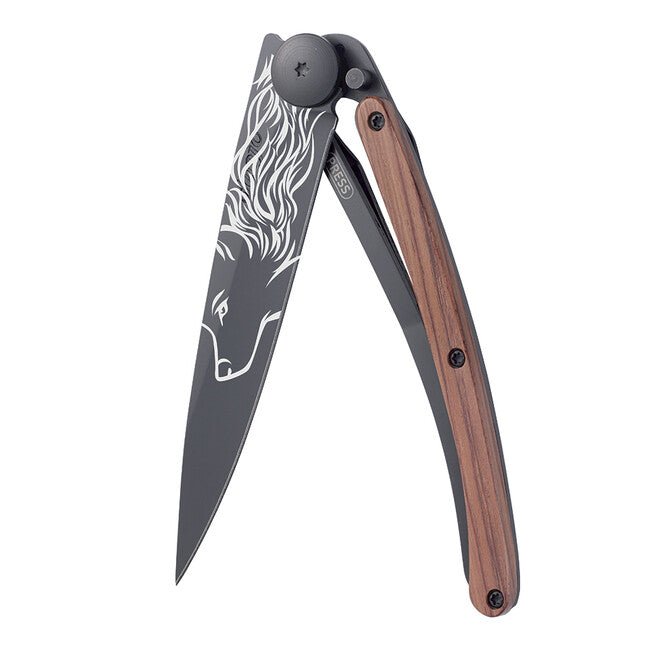 Deejo Coltello di chiusura Black tattoo coralwood wolf