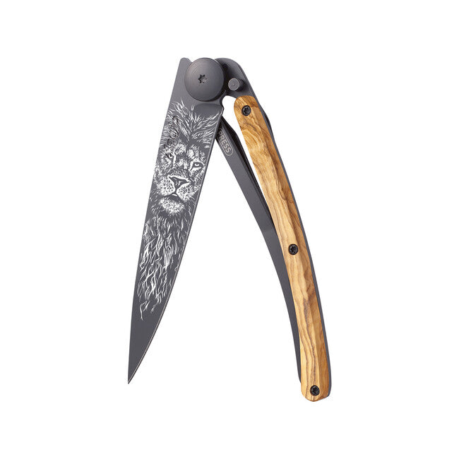 Deejo Tattoo Coltello di chiusura Legno di oliva nero Leo