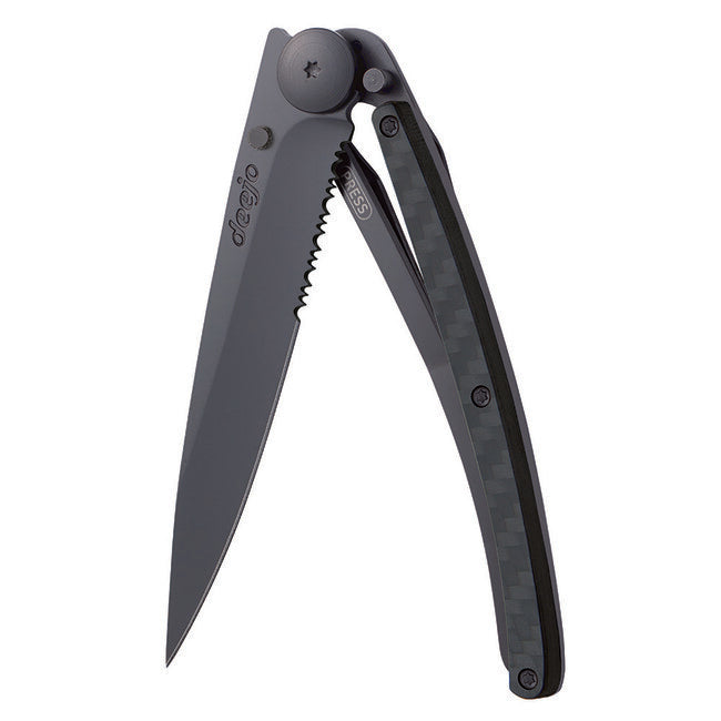 Deejo Coltello di chiusura seghettato, nero carbonio