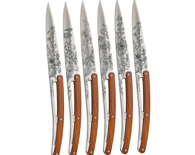 Deejo Tattoo set di 6 coltelli da bistecca superficie lucida, corallo design Blossom