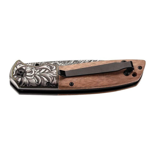 Herbertz Coltello a una mano 10 cm, legno di noce, motivo decorativo in rilievo