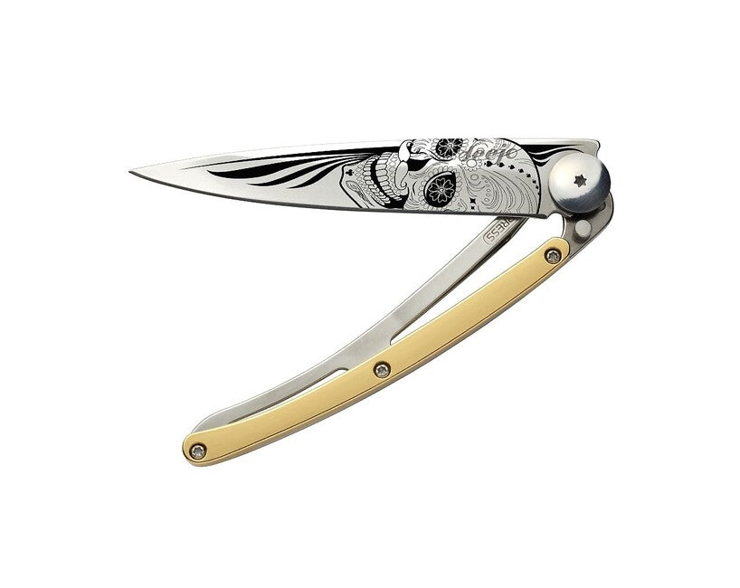 Deejo ORO coltello tatuaggio oro giallo Latino Cranio