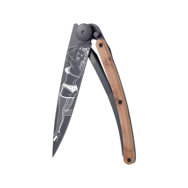Deejo Tattoo coltello di chiusura Legno di ginepro nero Pin up