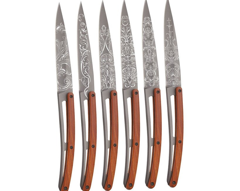 Deejo Tattoo set di coltelli da bistecca, in legno di corallo grigio chiaro Grand Siecle