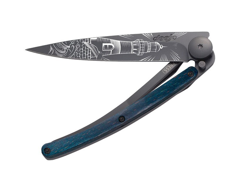 Deejo Tattoo Coltello pieghevole, faro nero blu faggio