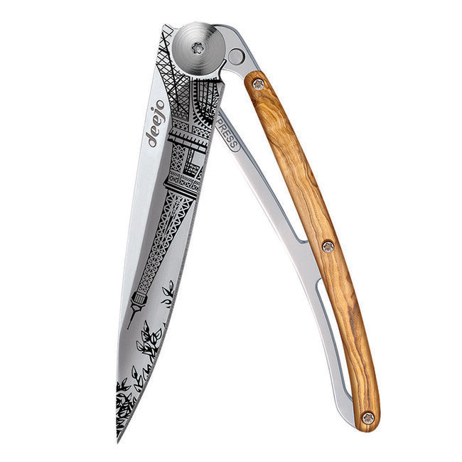 Deejo Tattoo coltello di chiusura Specchio in legno d'ulivo Torre Eiffel