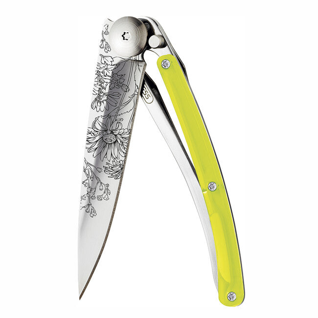 Deejo Blossom chiusura coltello tatuaggio giallo