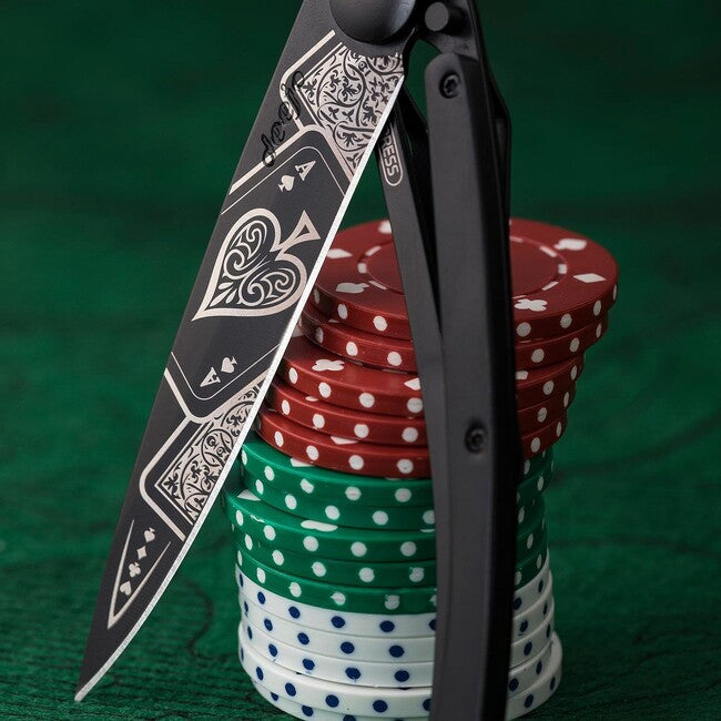 Deejo coltello chiusura nero tatuaggio biker legno ebano buona fortuna