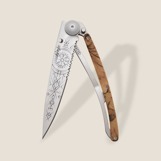 Deejo Tattoo Serration coltello di chiusura, marrone camo Viking Vegvisir