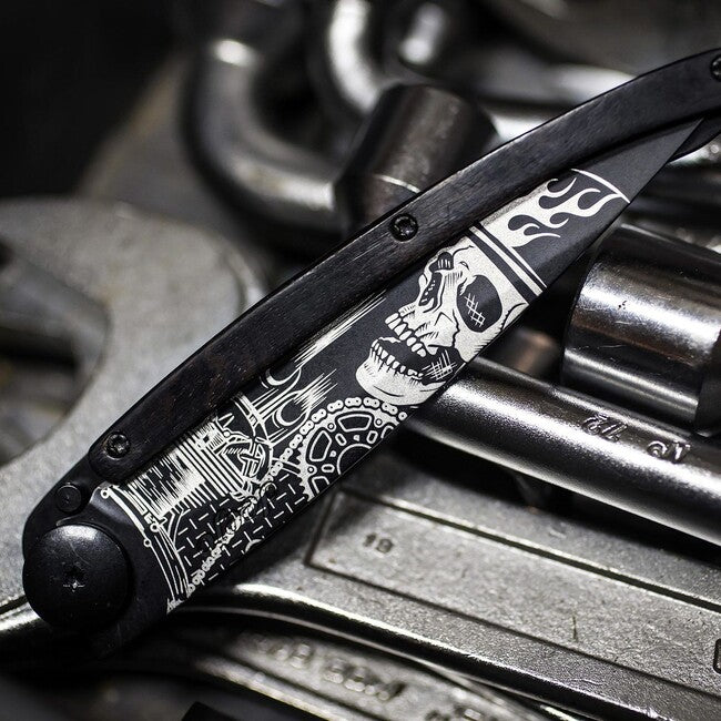 Deejo Ride or Die coltello di chiusura nero tattoo biker legno d'ebano