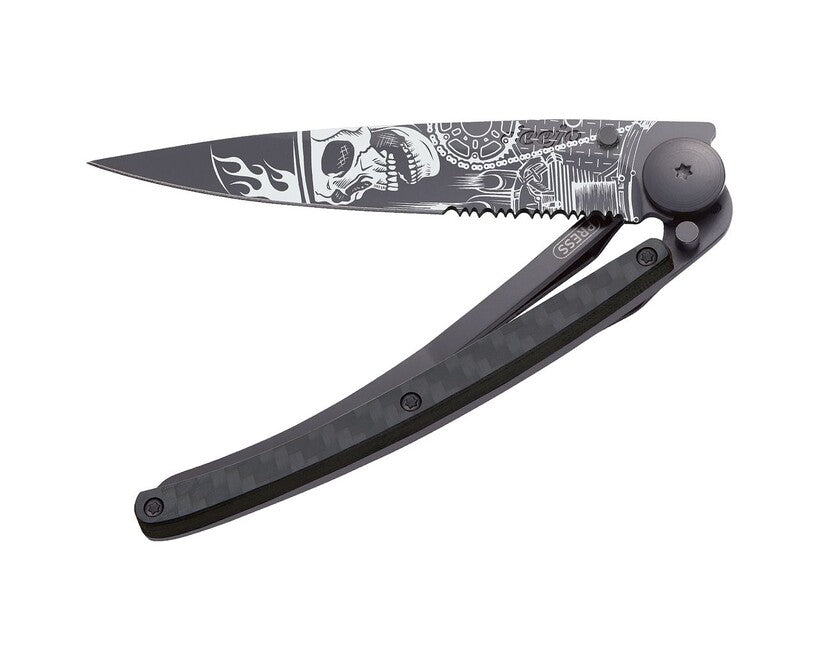 Deejo Tattoo Serration coltello pieghevole carbon Ride or Die