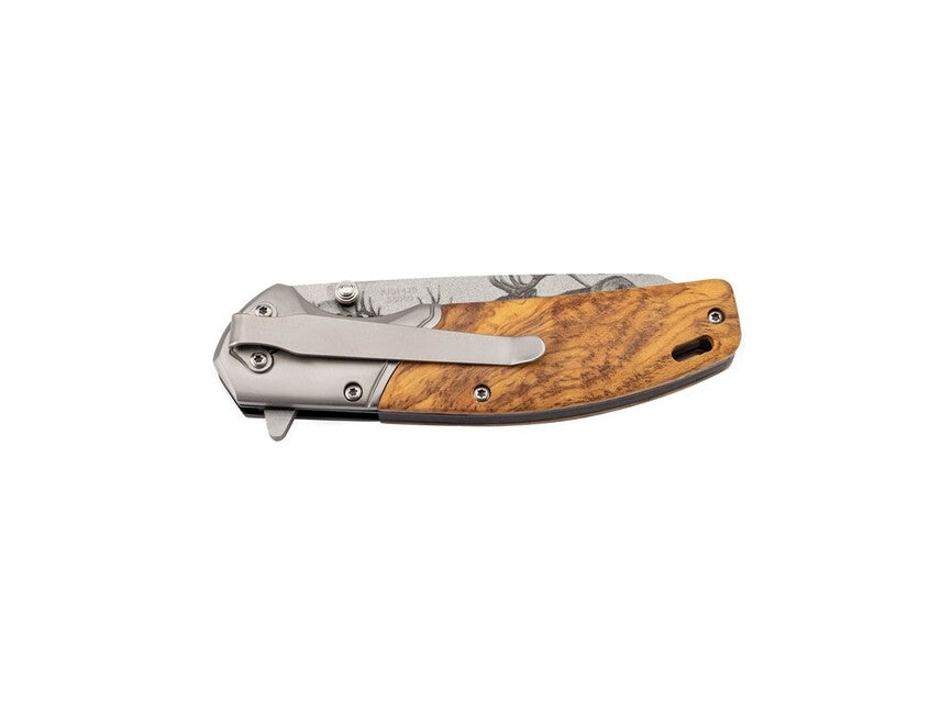Herbertz Coltello a una mano 9 cm, legno d'ulivo, motivo di cervi sulla lama