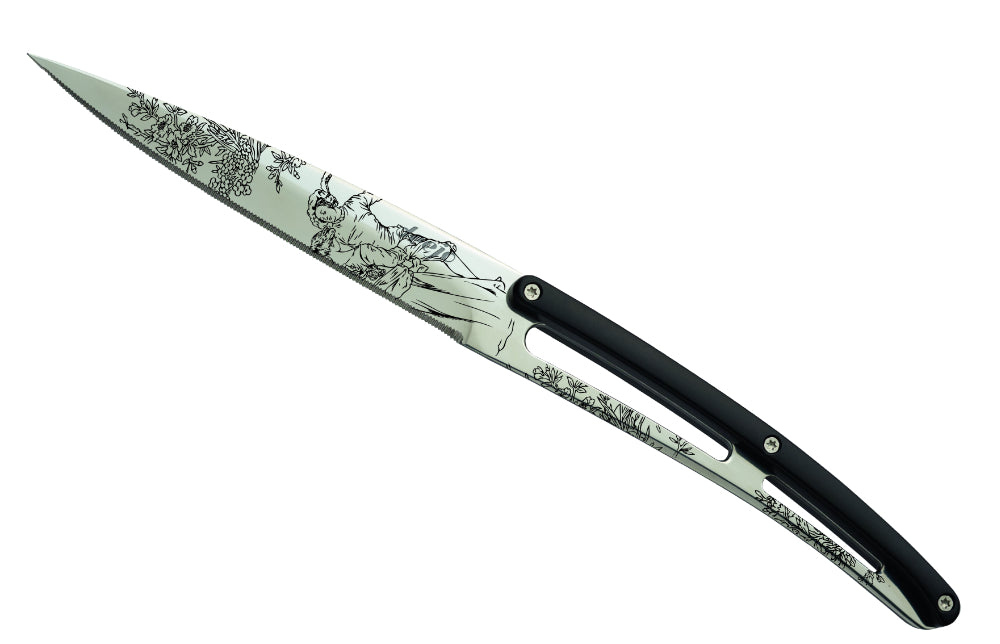 Deejo set di 6 coltelli da bistecca lama lucida bordo seghettato manico nero abs design Toile de Jouy