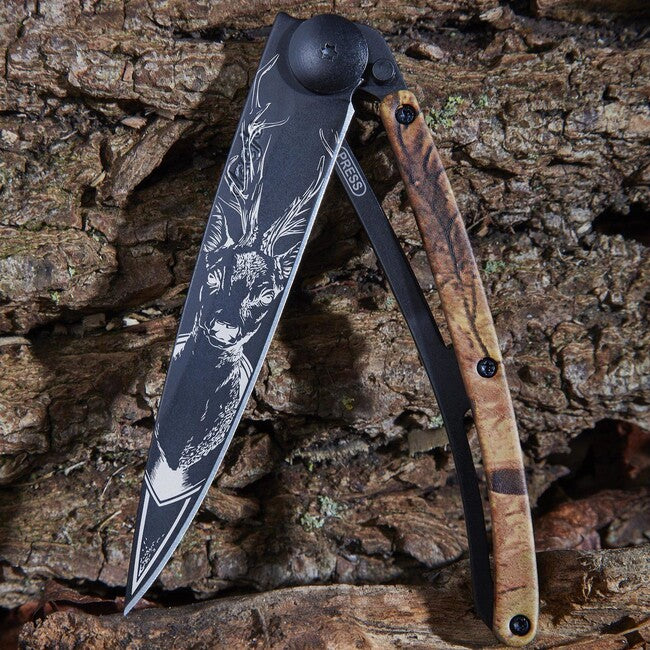 Deejo Tattoo coltello di chiusura, nero marrone mimetico Cervo