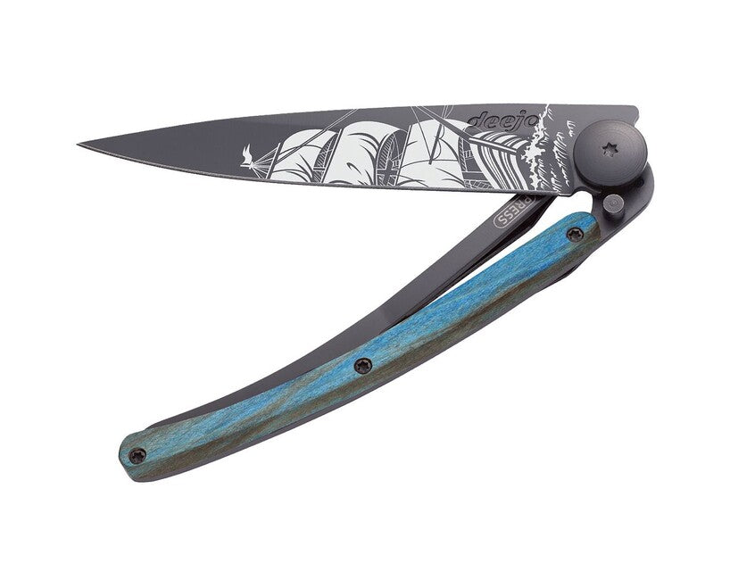 Deejo Tattoo coltello di chiusura, nero faggio blu corsaro