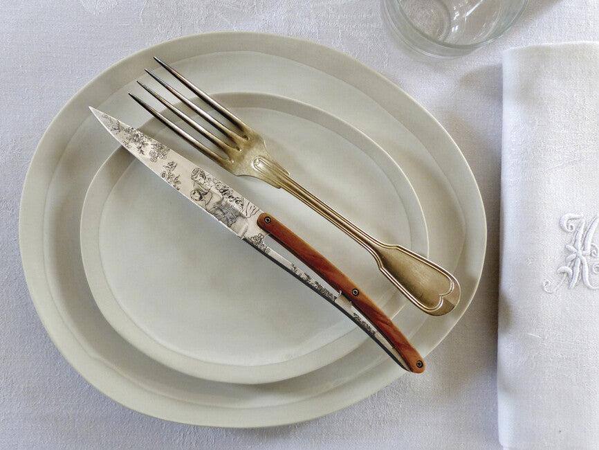 Deejo set di 6 coltelli da bistecca lama lucida legno d'ulivo design Toile de Jouy