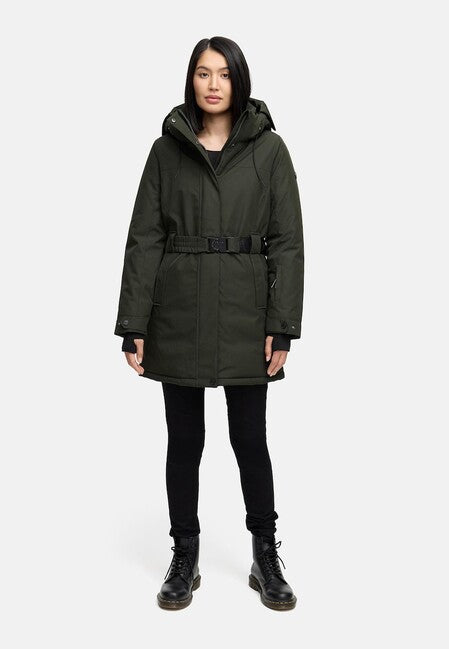 Navahoo Frostkuss 14 parka invernale da donna con cappuccio removibile e cintura, dark olive