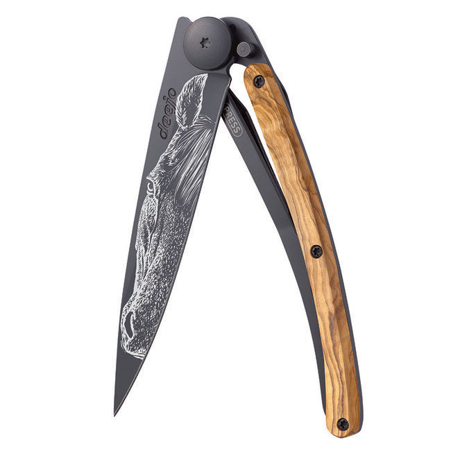 Deejo Warmblood coltello da chiusura nero tatuaggio legno d'ulivo