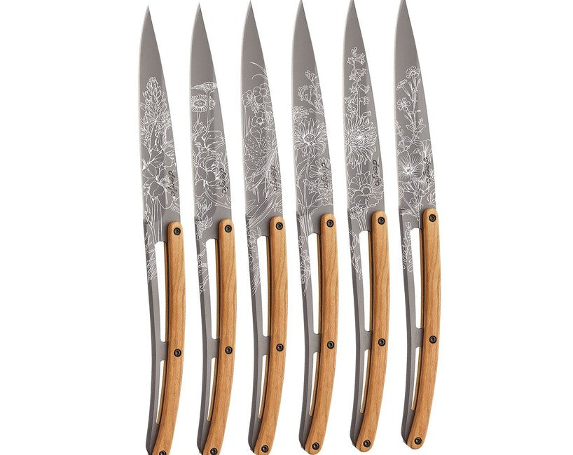 Deejo Tattoo set di 6 coltelli da bistecca, grigio titanio legno d'oliva Blossom