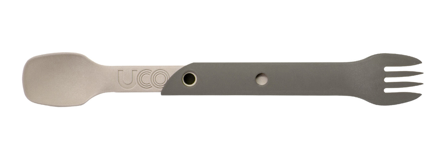 UCO Switch set di posate con occhiello per il fissaggio e supporto per forchetta Spork, sand