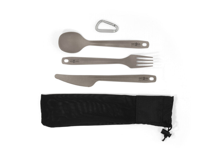 Origin Outdoors Set di posate 3 pezzi in titanio con moschettone