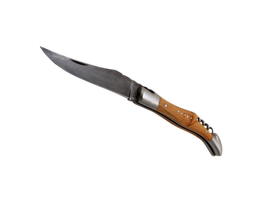 Laguiole DUB071 coltello lama 12 cm acciaio damascato cavatappi manico in ginepro